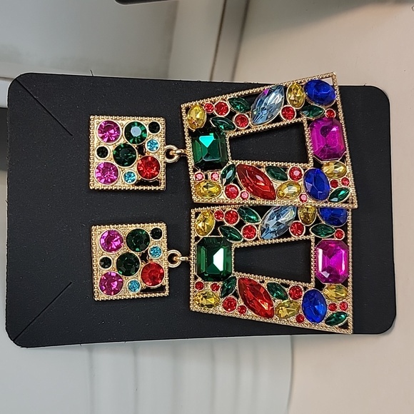 Gold Geometric Rhinestone Drop Earrings Multiple Colors - Picture 2 of 9